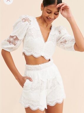 Rahi White Lace Crop Top Boho Eyelet Embroidered Puff Sleeve Festival Blouse